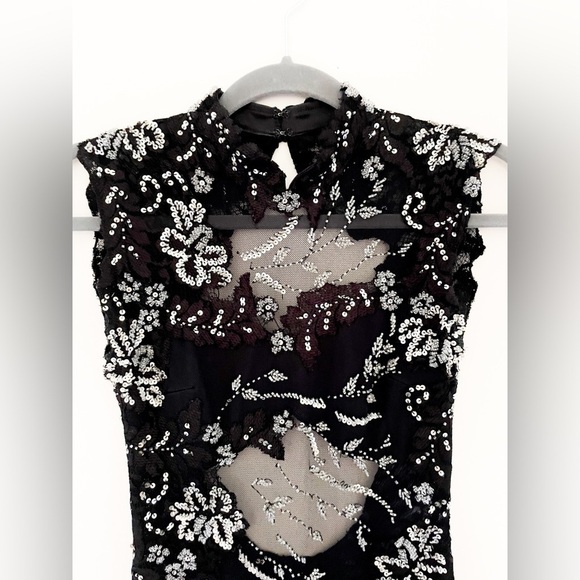 Mac Duggal Silver Sequin Cutout Mini Dress Bodycon SZ XS Party Black Lace Dress - Picture 3 of 14